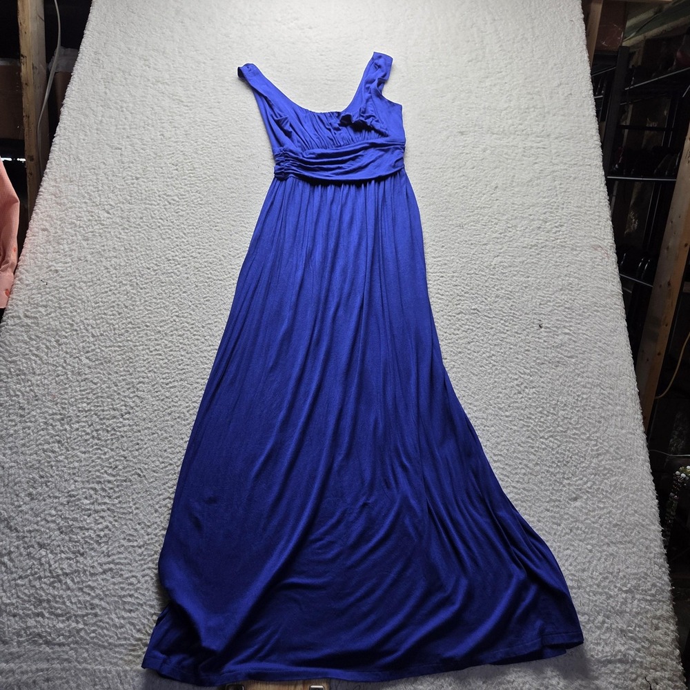 AB Studio Dress Womens Small Blue Solid Sleeveless Scoop Neck Ruched Maxi Jersey